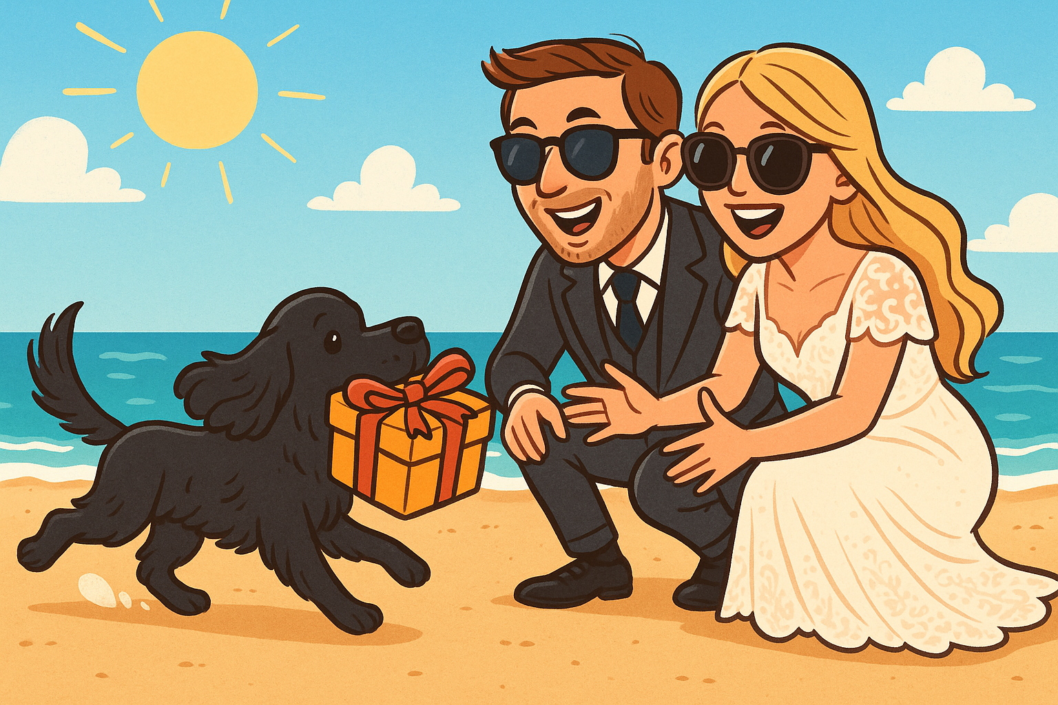 A dog bringing a gift to a newlywed couple on the beach